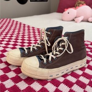 Brown & Blue High-Top Platform Converse with Cream Soles